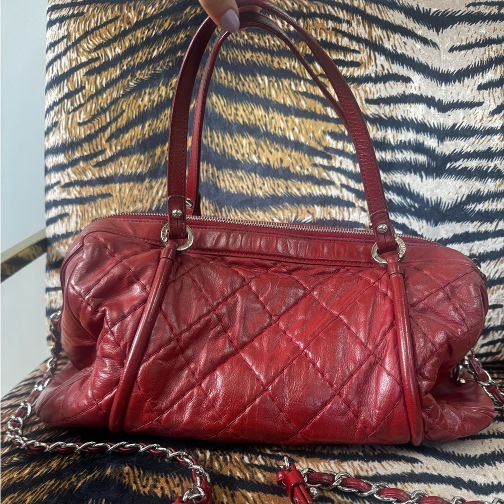 Chanel Ligne Red Quilted Lambskin Bowler Bag | Silver Hardware | Authentic